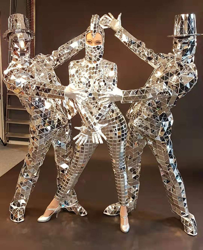 Mirror man suit and mirror girls bodysuit in performance